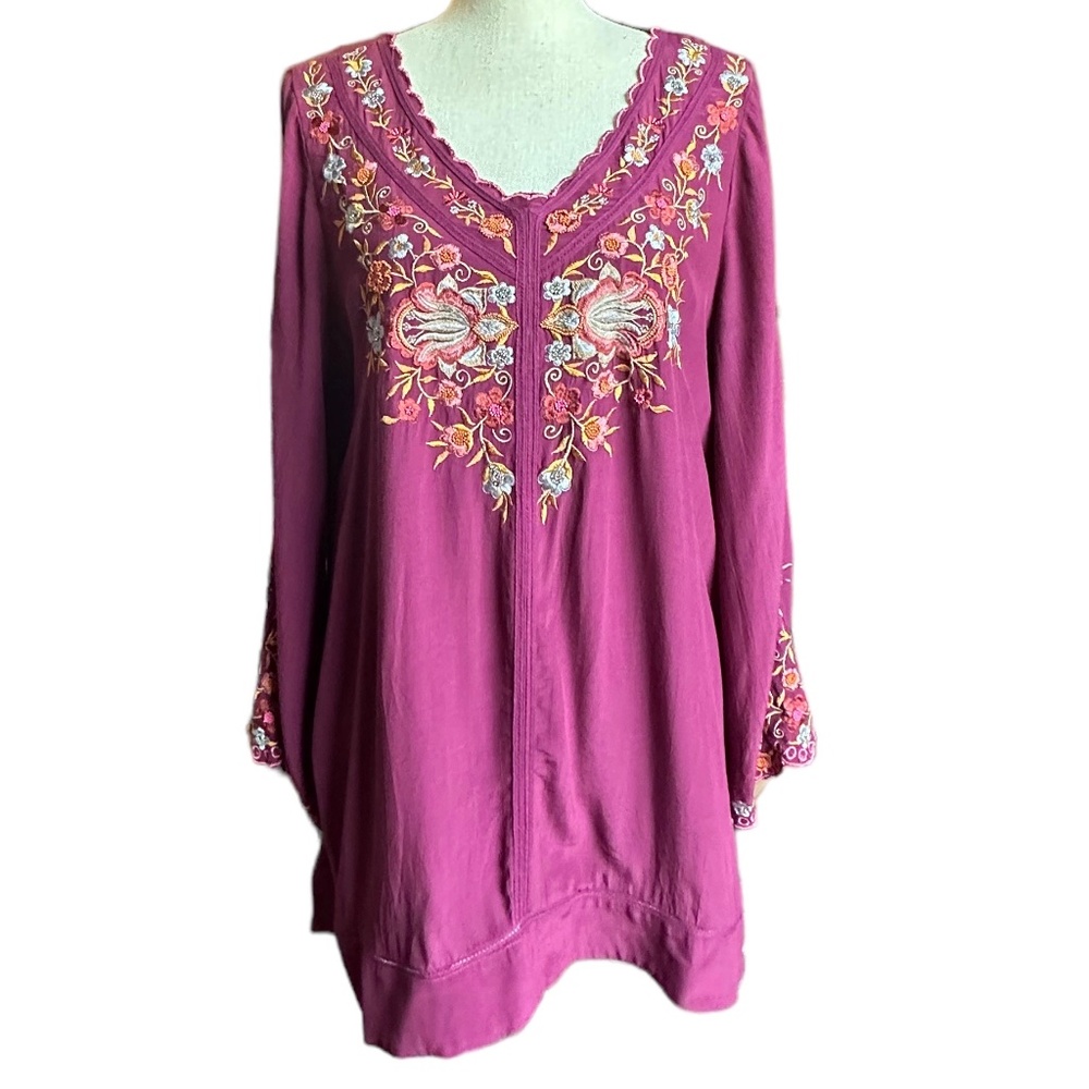 Soft Surroundings Pink Beaded Embroidered Boho Blouse Sz M - Picture 2 of 10